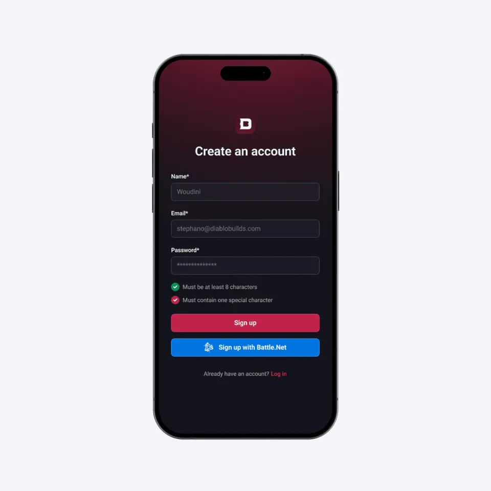 Archived Diablo Builds account-creation UI shown in a phone mockup with an old project-domain email