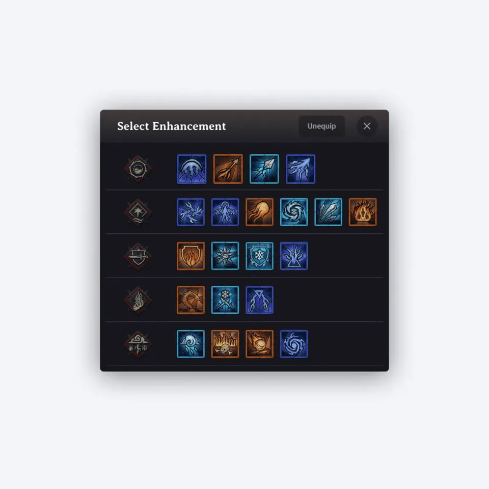 Diablo Builds skill-selection interface prototype with enhancement icons