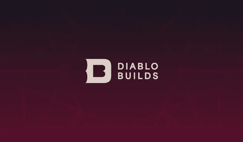 Diablo Builds identity study with a white monogram and wordmark on a dark red background