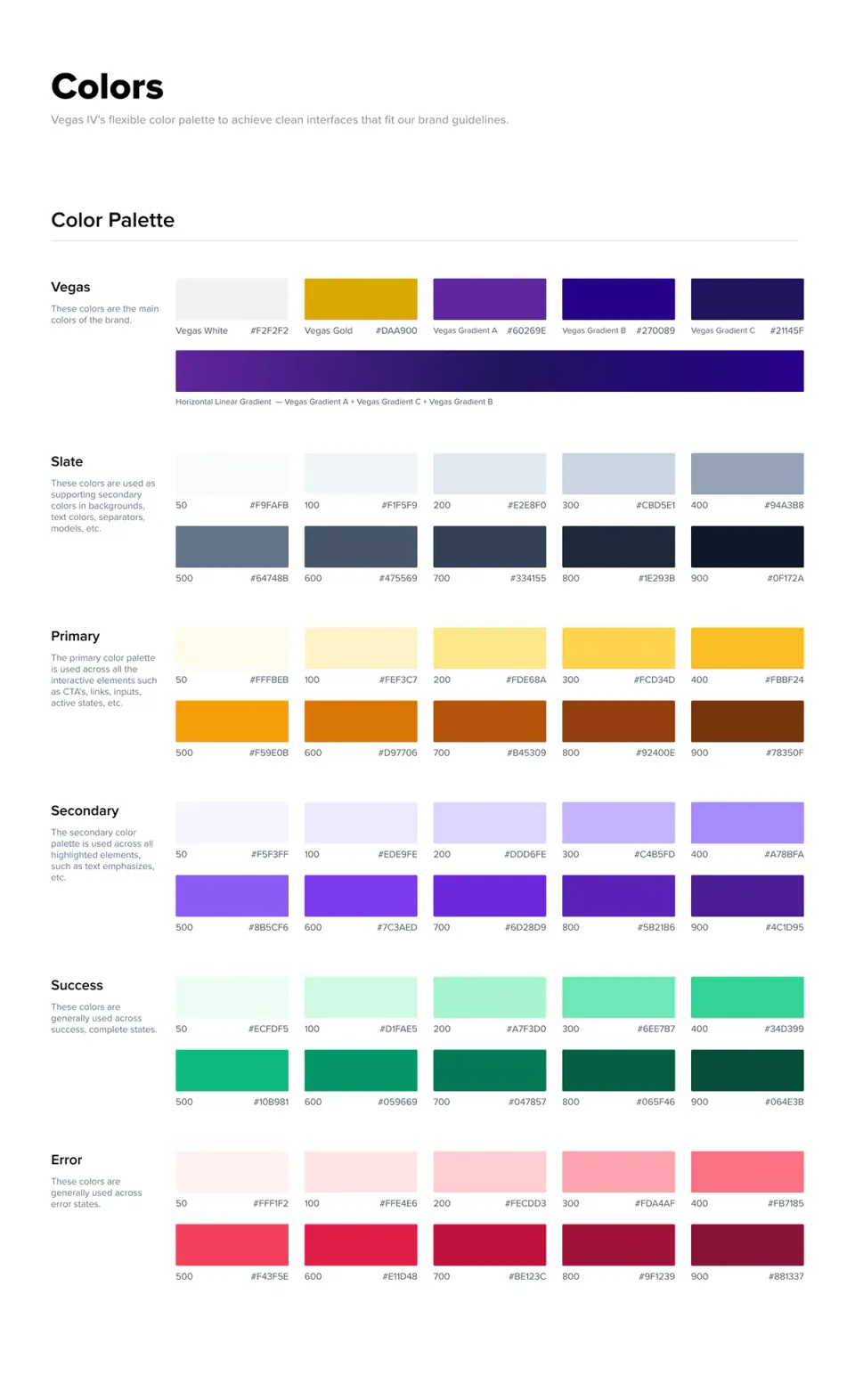 Vegas IV digital color palette with swatches and hex values