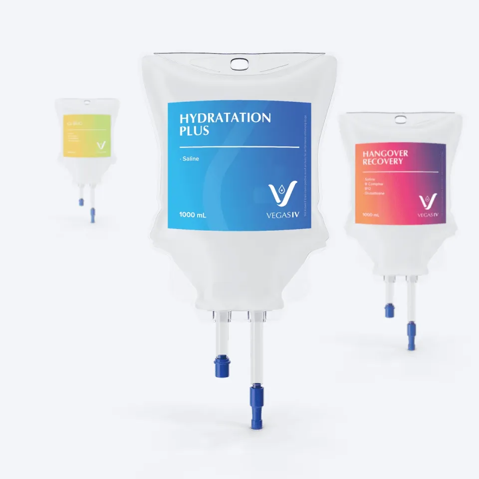 Three Vegas IV IV bags with gradient labels for Hydration Plus and Hangover Recovery