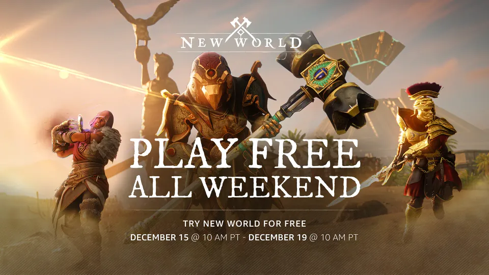 New World Play Free All Weekend promotional artwork with four player characters