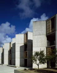The Salk Institute by Louis Kahn: concrete towers under a blue sky