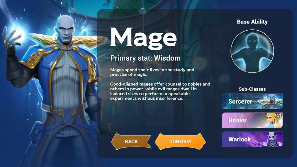 Core Mage class selection interface with abilities and customization controls