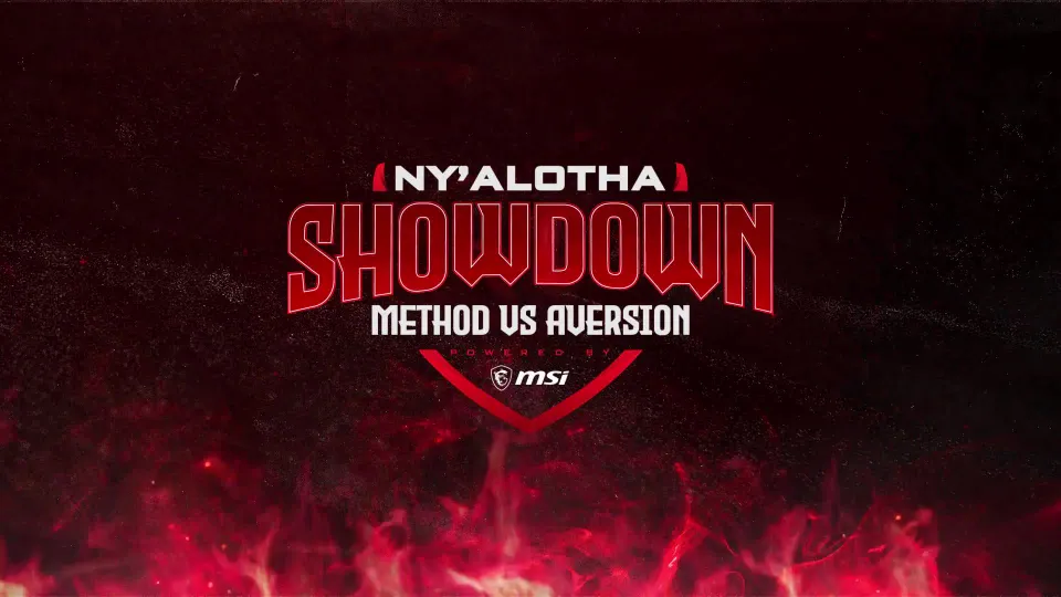 MSI Ny'alotha Showdown event lockup over a red smoke texture