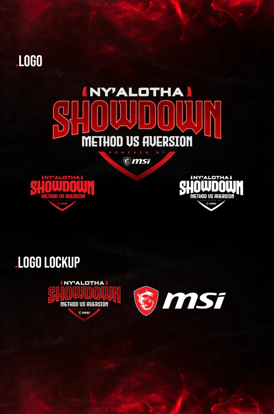 Ny'alotha Showdown identity sheet with logo lockups, typography, colors, and key visual
