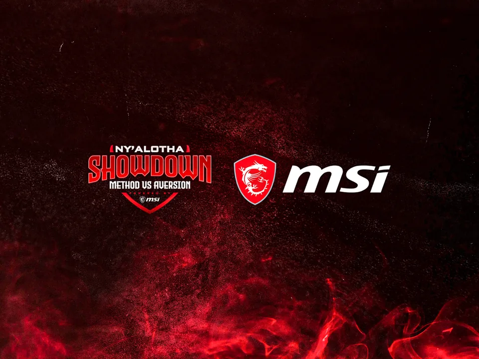 Ny’alotha Showdown and MSI logos over red smoke