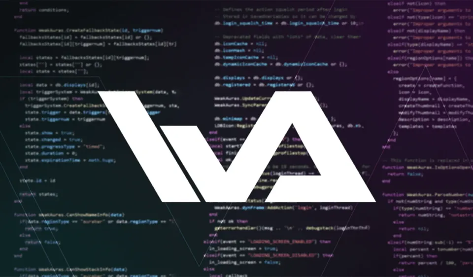 White WeakAuras monogram displayed over source code