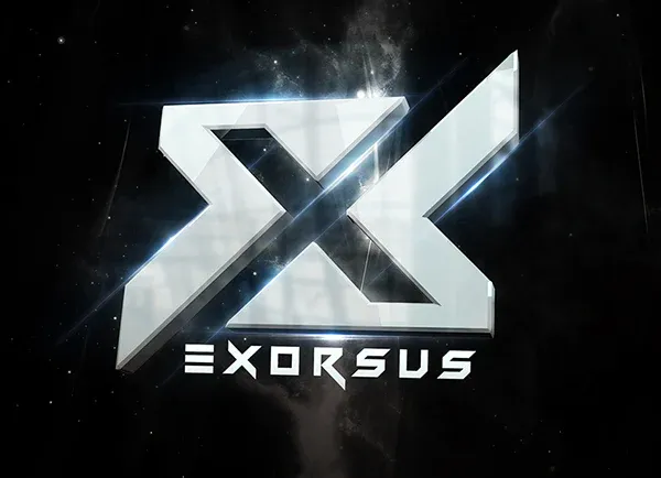 Angular metallic Exorsus wordmark on a dark textured background